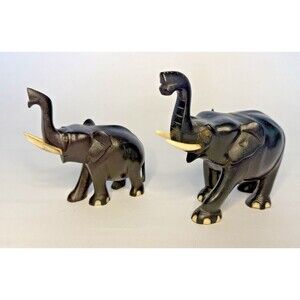 Hand Carved Wood Elephant Figurines Set 2 Black Style Vintage